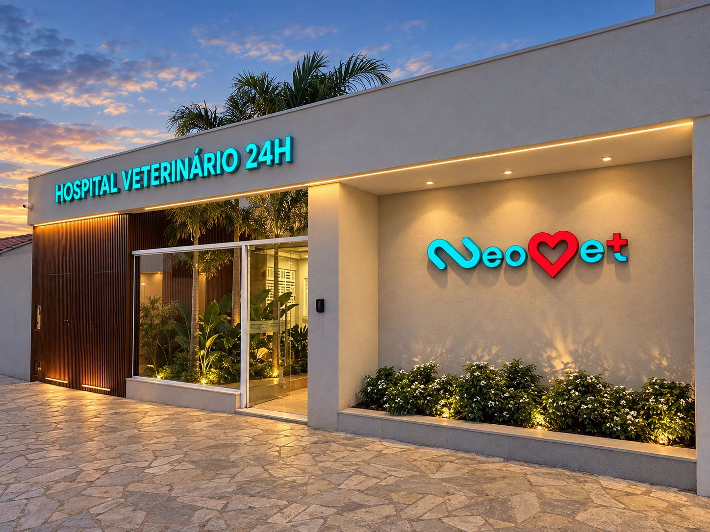Fachada iluminada da NeoVet ao entardecer — imagem criada a partir de fotos reais do hospital