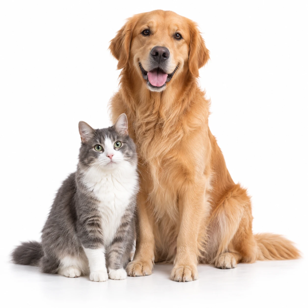 Um cão golden retriever e um gato cinza e branco, lado a lado